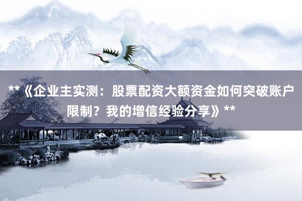 **《企业主实测：股票配资大额资金如何突破账户限制？我的增信经验分享》**
